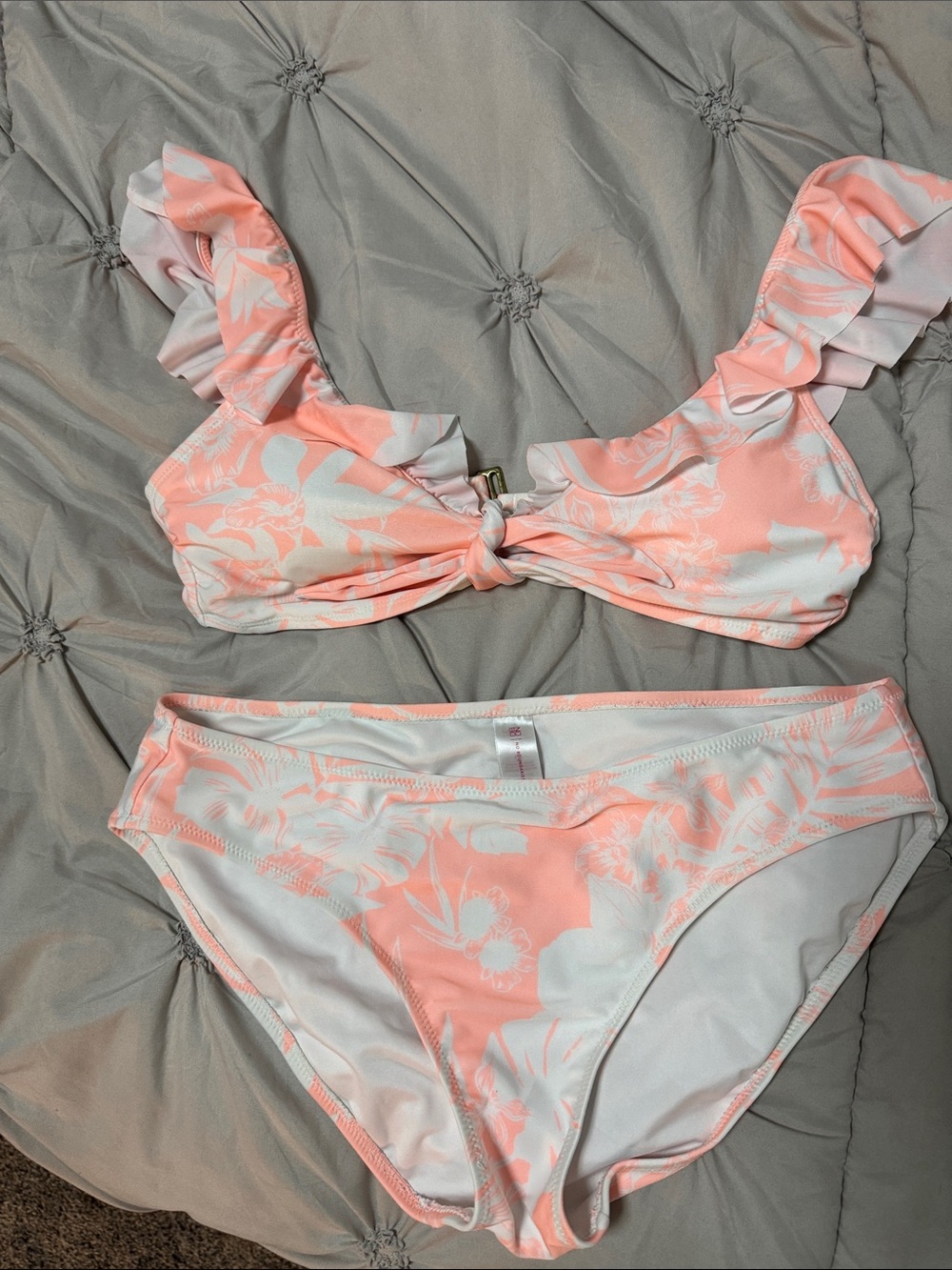 No Boundaries Peach and White Floral Ruffle Bikini